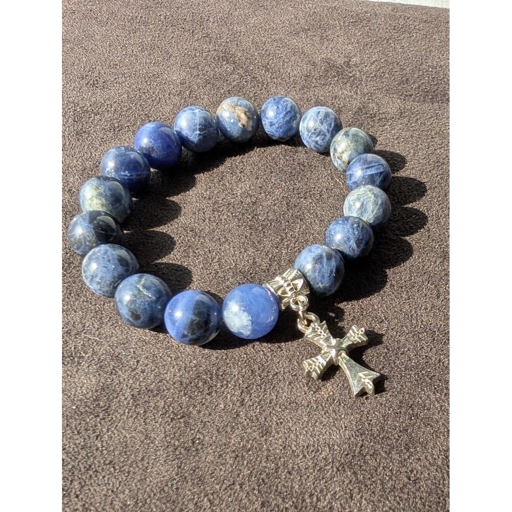 Blue Marbled Stone Beaded Bracelet Set with Ornate Silver Tone Cross Charm